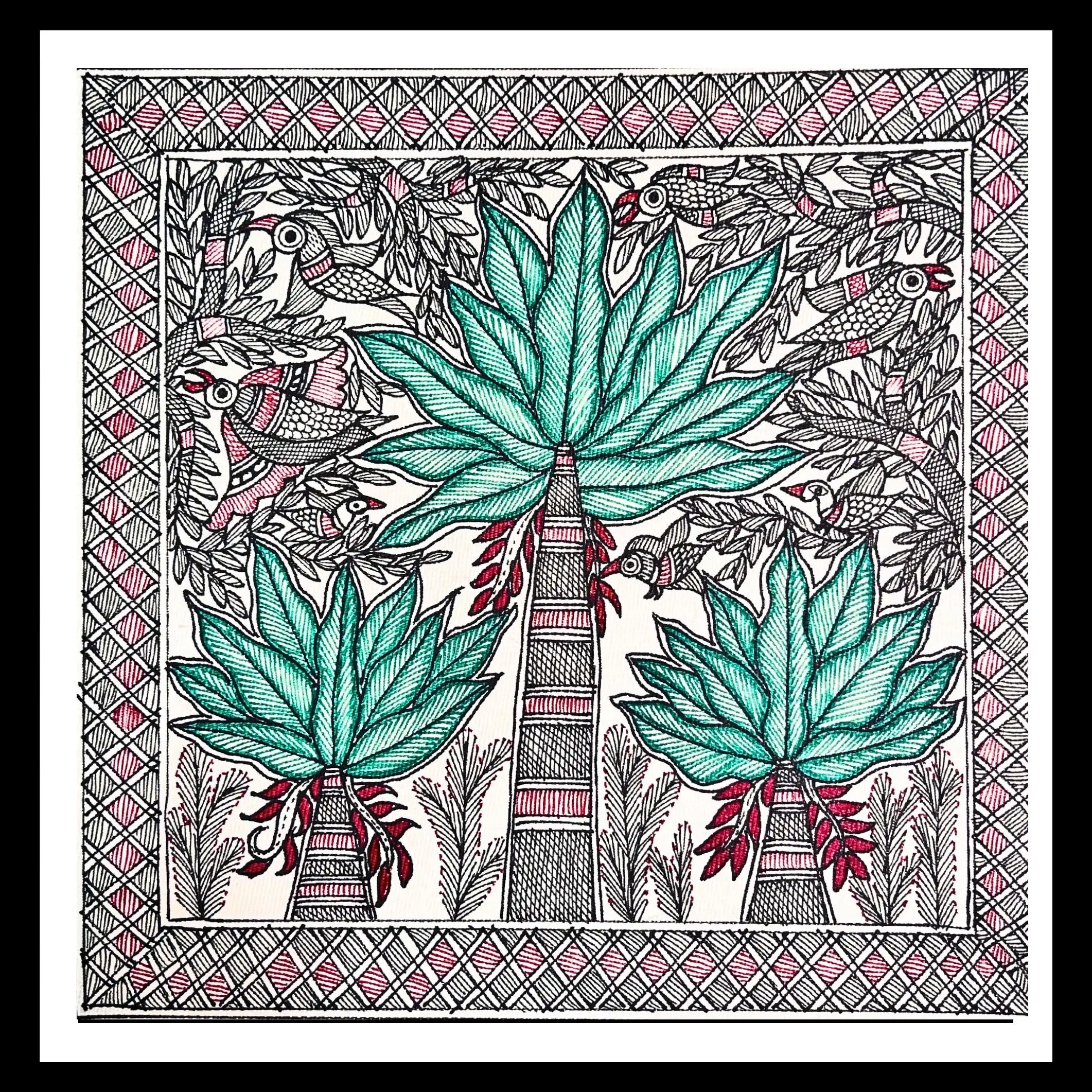 Handmade Madhubani Banana Tree Painting with Birds | Traditional Indian Folk Art